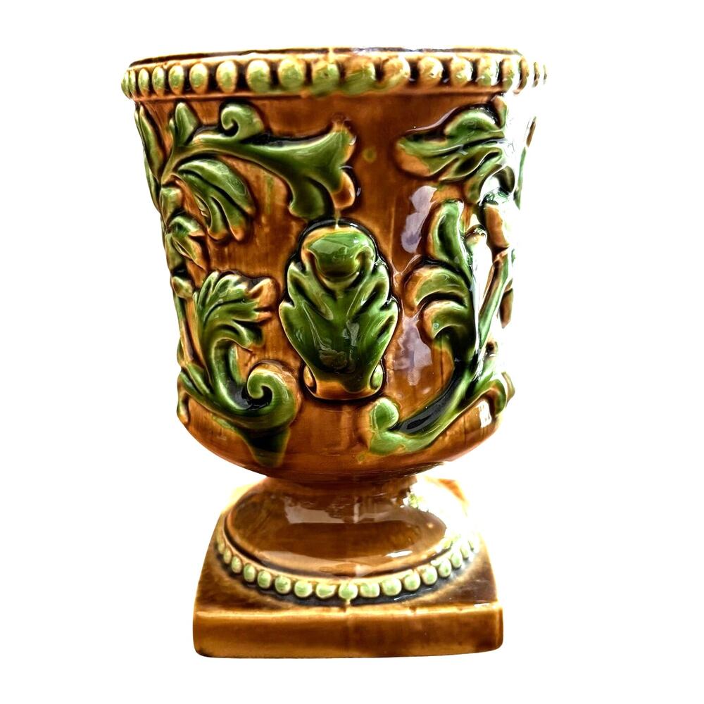 Vintage Inarco E-3370 pedestal vase brown & green majolica style planter pot